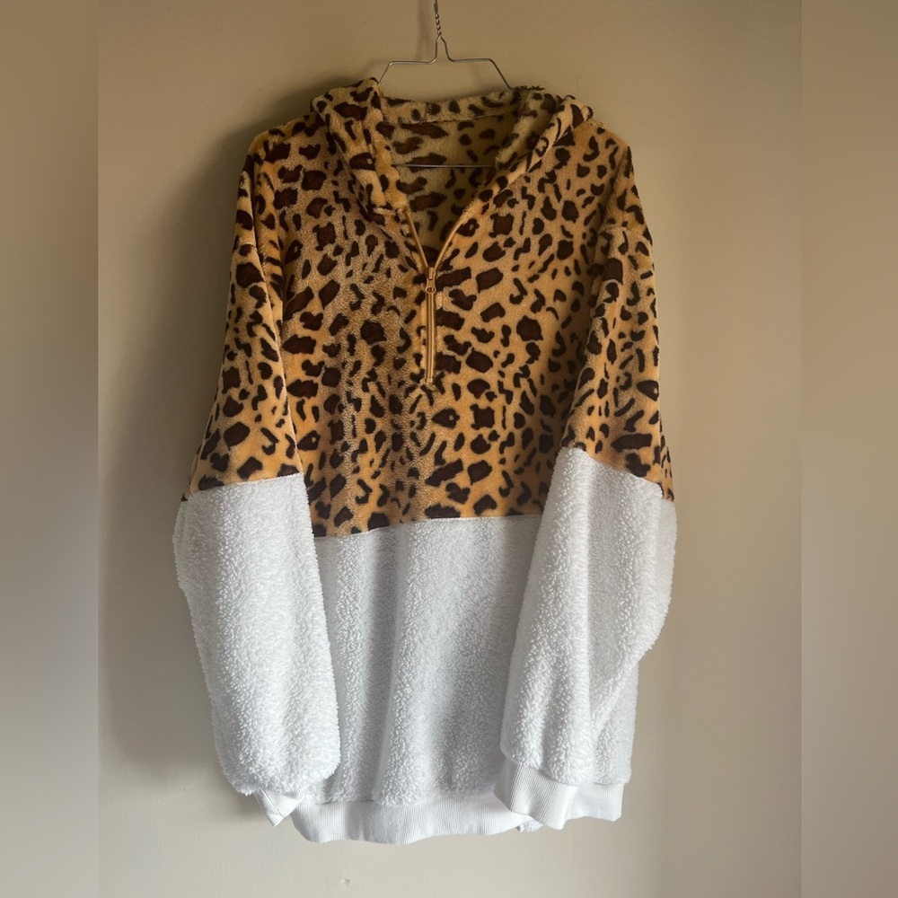 Color Block Leopard Fleece Pullover Hoodie Size XXL